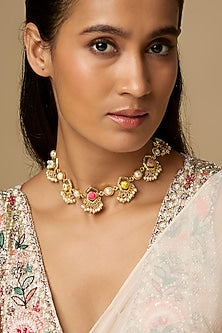 Gold Plated Pearl Enameled Choker Necklace