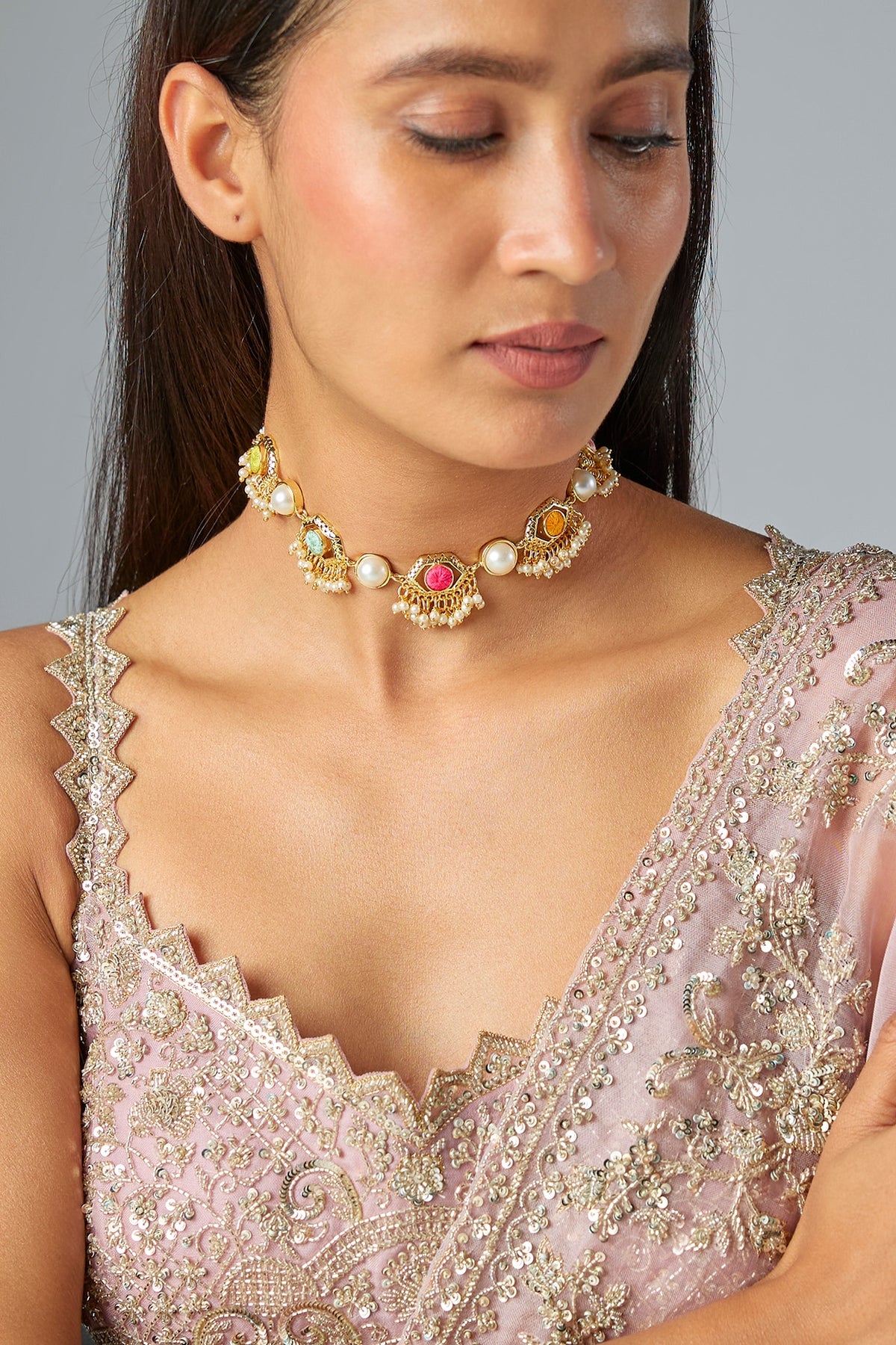 Gold Plated Multi-Colored Enameled Choker Necklace