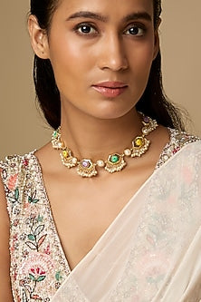 Gold Plated Floral Enameled Motif Choker Necklace