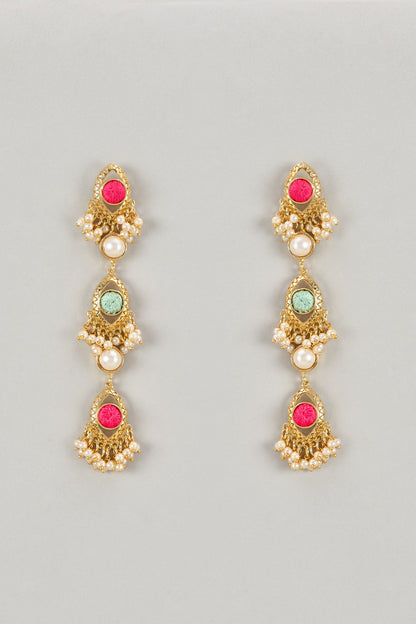 Gold Plated Mint Green & Ivory Enameled Dangler Earrings