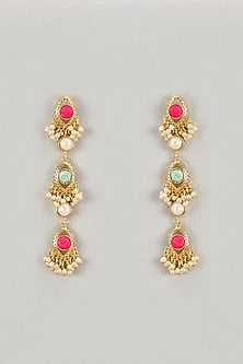 Gold Plated Mint Green & Ivory Enameled Dangler Earrings