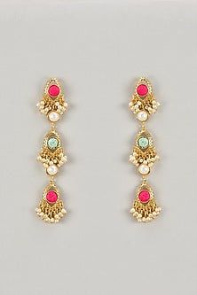 Gold Plated Mint Green & Ivory Enameled Dangler Earrings