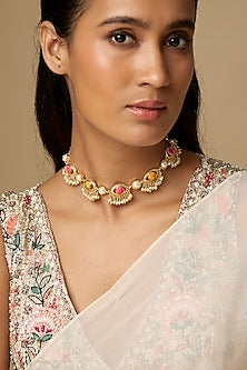 Gold Plated Multi-Colored Enameled & Pearl Choker Necklace