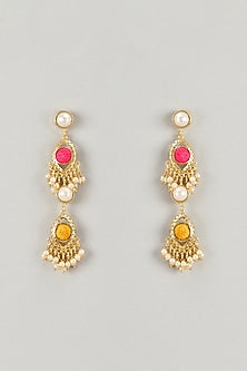 Gold Plated Multi-Colored Enameled & Pearl Dangler Earrings