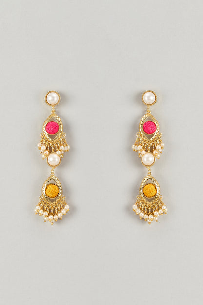 Gold Plated Multi-Colored Enameled & Pearl Dangler Earrings