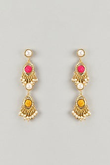Gold Plated Multi-Colored Enameled & Pearl Dangler Earrings
