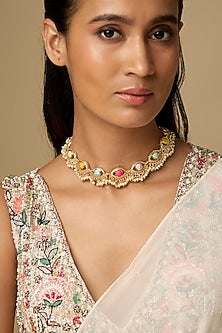 Gold Plated Multi-Colored Enameled & Pearl Choker Necklace