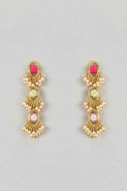 Gold Plated Multi-Colored Enameled & Pearl Dangler Earrings