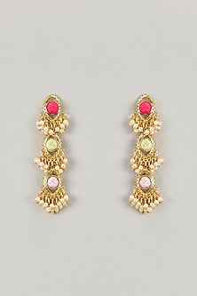 Gold Plated Multi-Colored Enameled & Pearl Dangler Earrings