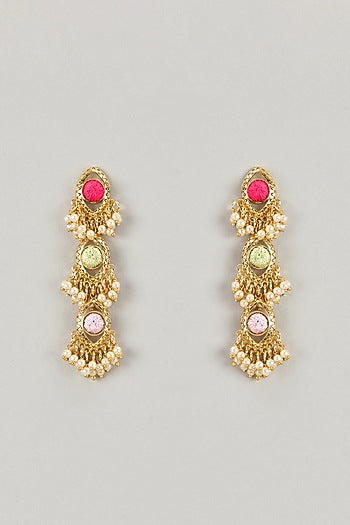 Gold Plated Multi-Colored Enameled & Pearl Dangler Earrings