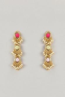 Gold Plated Multi-Colored Enameled & Pearl Dangler Earrings