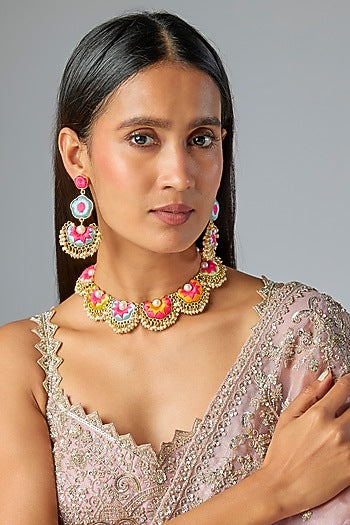 Gold Plated Multi-Colored Enameled Necklace Set
