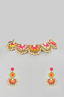 Gold Plated Multi-Colored Enameled Necklace Set