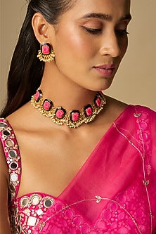 Gold Finish Multi-Colored Stone Necklace Set