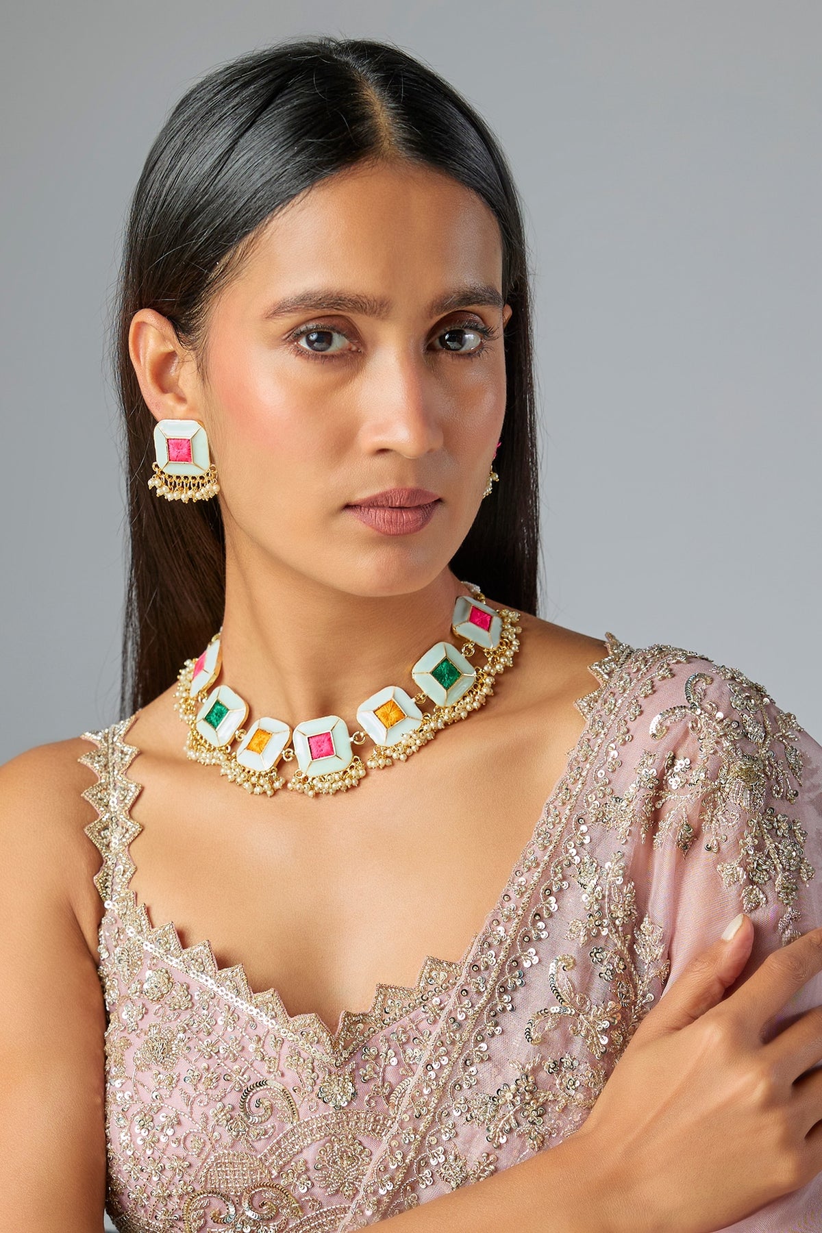 Gold Plated Multi-Colored Enameled Necklace Set