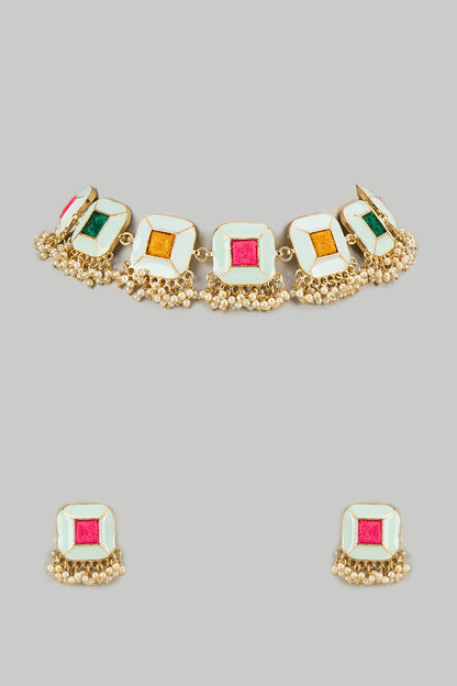 Gold Plated Multi-Colored Enameled Necklace Set