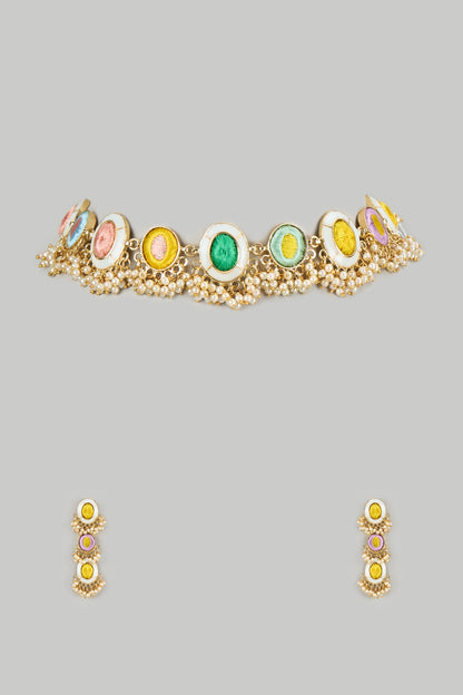 Gold Plated Multi-Colored Enameled Necklace Set