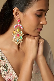 Gold Plated Multi-Colored Enameled Chandbali Earrings