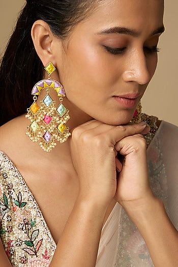 Gold Plated Multi-Colored Enameled Chandbali Earrings