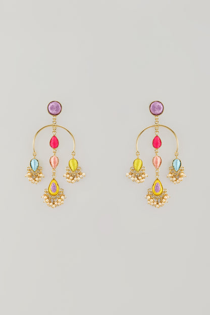 Gold Plated Multi-Colored Enameled & Pearl Dangler Earrings