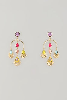 Gold Plated Multi-Colored Enameled & Pearl Dangler Earrings