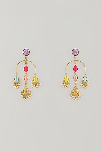 Gold Plated Multi-Colored Enameled & Pearl Dangler Earrings