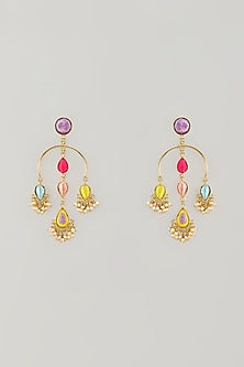 Gold Plated Multi-Colored Enameled & Pearl Dangler Earrings