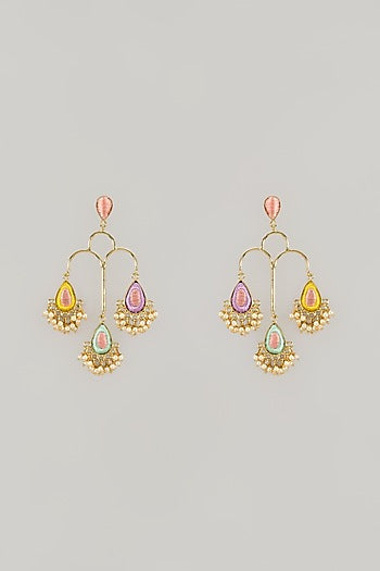 Gold Plated Multi-Colored Enameled Dangler Earrings