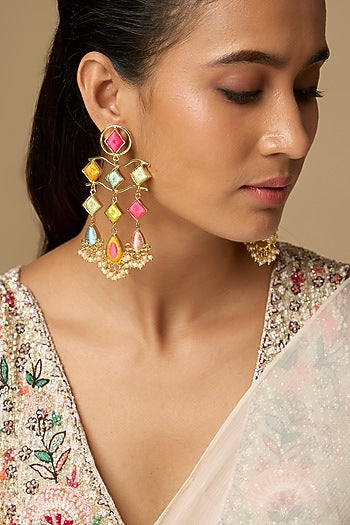Gold Plated Multi-Colored Enameled Dangler Earrings