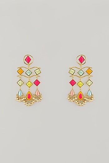 Gold Plated Multi-Colored Enameled Dangler Earrings