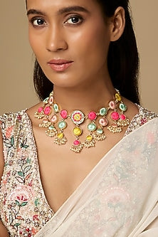 Gold Plated Multi-Colored Floral Enameled Cascade Necklace