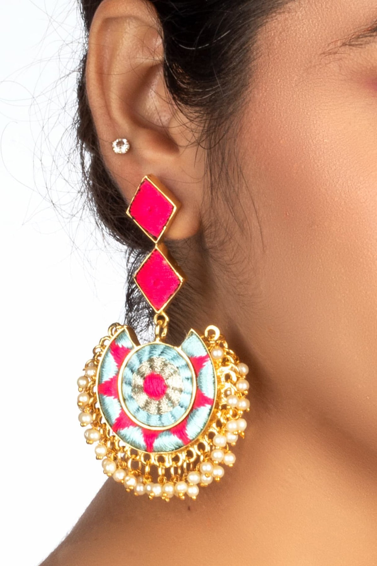 Gold Plated Thread Hand Embroidered & Pearl Chandbali Earrings