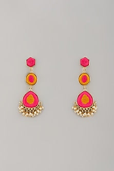 Gold Finish Pearl Enameled Dangler Earrings