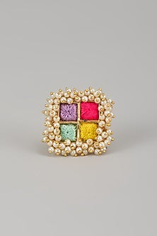 Matte Gold Finish Pearl & Multi-Colored Embroidered Ring