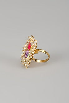 Matte Gold Finish Pearl & Multi-Colored Embroidered Ring