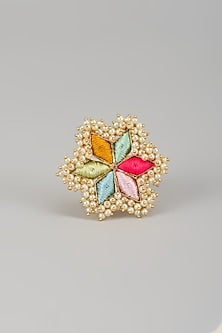 Matte Gold Finish Pearl & Multi-Colored Embroidered Ring