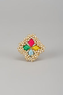 Matte Gold Finish Pearl & Multi-Colored Embroidered Ring