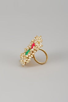 Matte Gold Finish Pearl & Multi-Colored Embroidered Ring