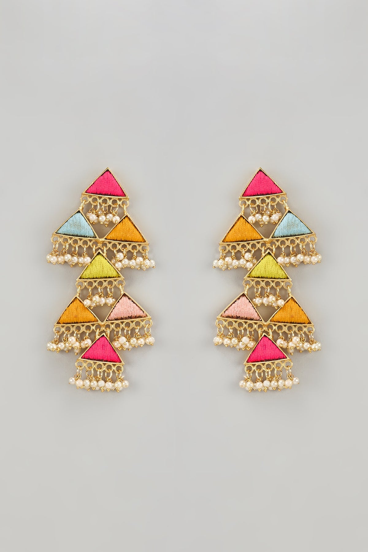 Gold Finish Thread Embroidered & Pearl Dangler Earrings