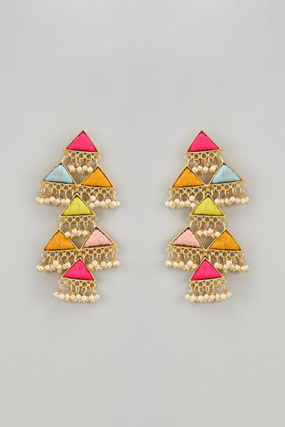 Gold Finish Thread Embroidered & Pearl Dangler Earrings