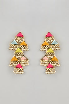 Gold Finish Thread Embroidered & Pearl Dangler Earrings