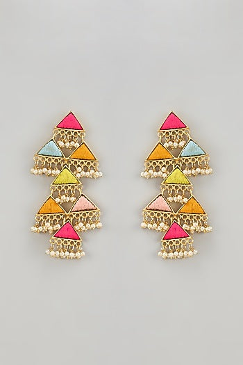Gold Finish Thread Embroidered & Pearl Dangler Earrings