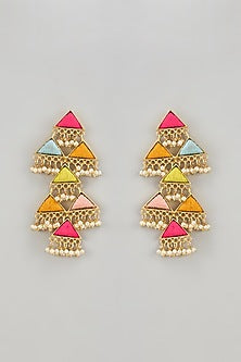 Gold Finish Thread Embroidered & Pearl Dangler Earrings