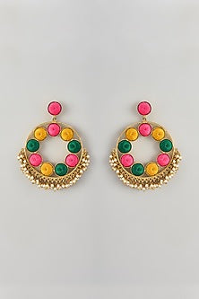 Gold Finish Thread Embroidered Dangler Earrings
