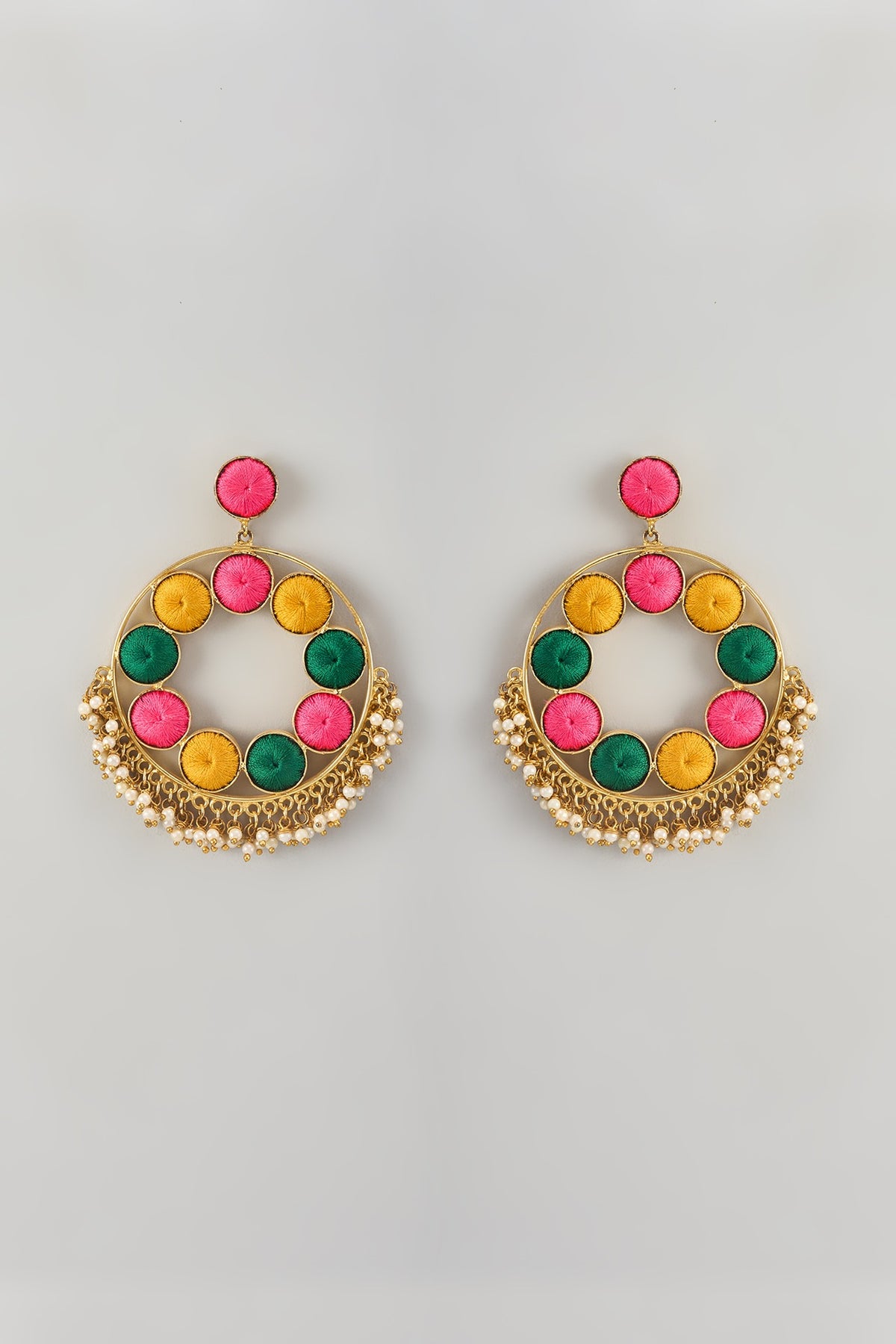 Gold Finish Thread Embroidered Dangler Earrings