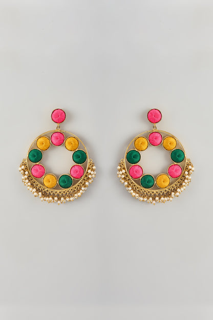Gold Finish Thread Embroidered Dangler Earrings