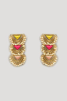 Gold Finish Silk Thread Embroidered & Pearl Layered Triangle Dangler Earrings