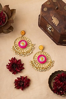 Matte Gold Finish Zari Embroidered & Pearl Circular Dangler Earrings