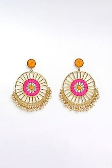 Matte Gold Finish Zari Embroidered & Pearl Circular Dangler Earrings