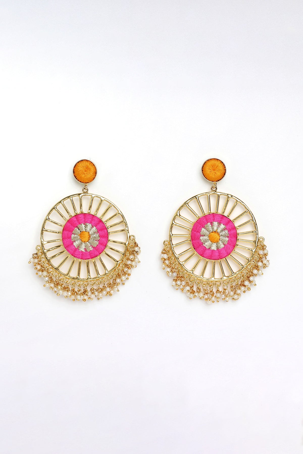 Matte Gold Finish Zari Embroidered & Pearl Circular Dangler Earrings